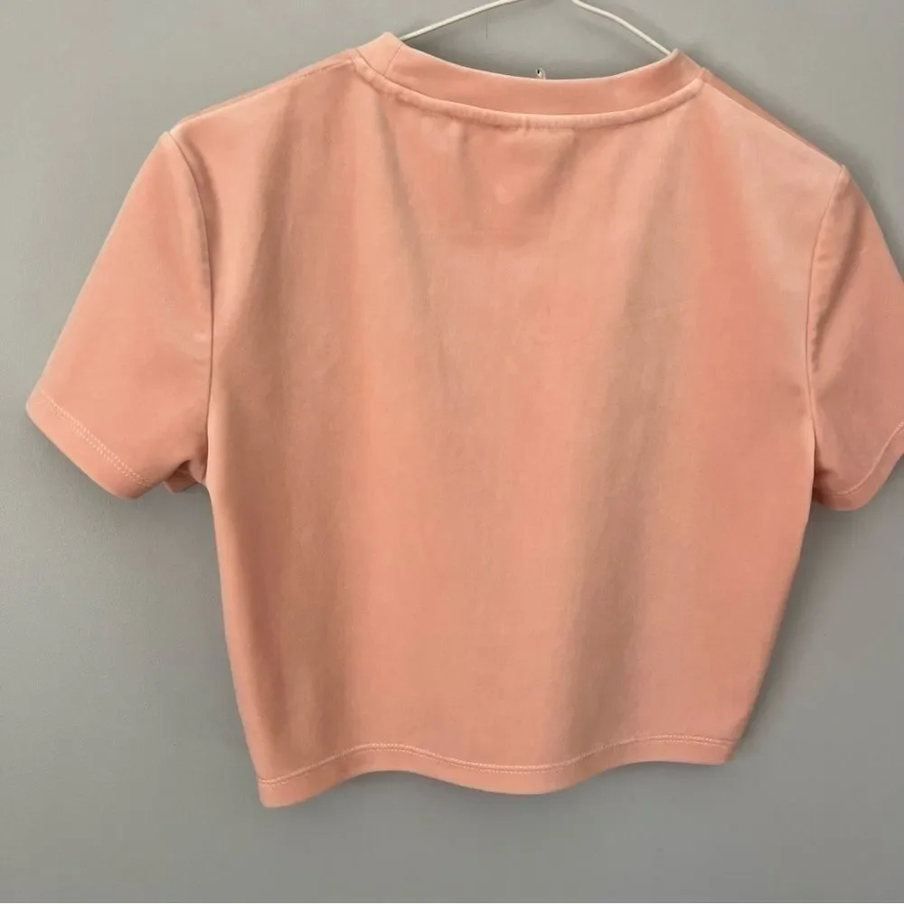 Guess Rhinestone Front Logo Powder Pink Velour Cropped Short Sleeve Shirt Size S